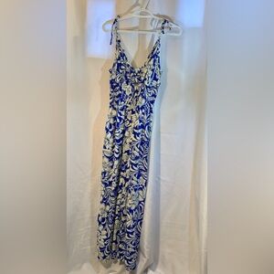 Patrons of Peace Blue and White Tropical Floral Jumpsuit Pockets Women’s Medium